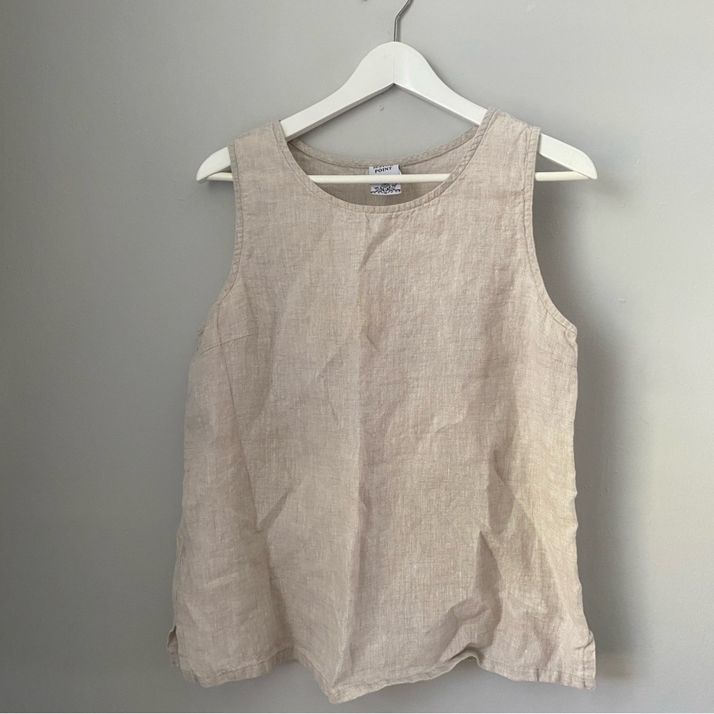 Match Point USA sleeveless tank top linen side slits beige oat M